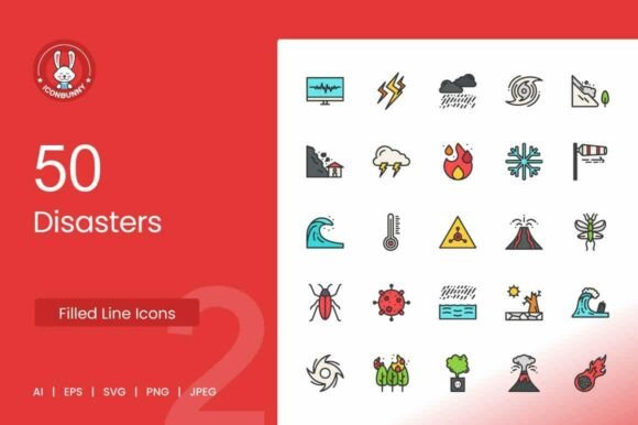 50 Disasters Filled Line Icons: Enhancing Awareness and Emergency Preparedness