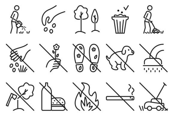 Black Line Lawn Icon Vector Set: A Strategic Tool for Clear Communication in Public Spaces