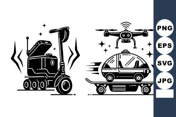 The Future of Urban Mobility: Futuristic Delivery Scooter Robot and Playful Monochrome Vector Art