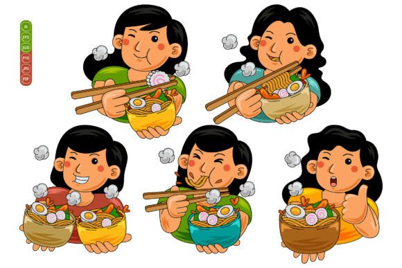 Woman Eating Ramen Vector Pack 01