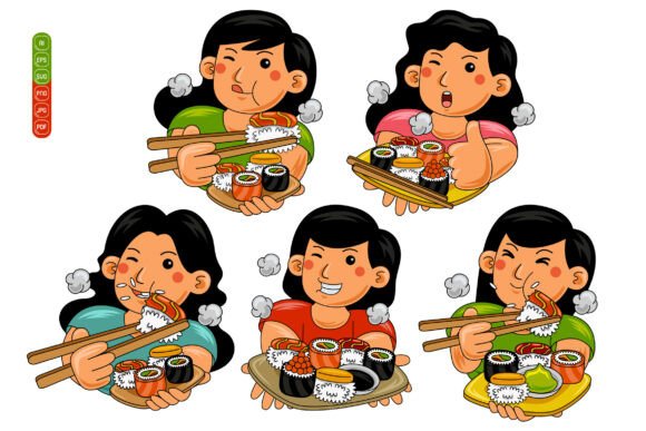 Woman Eating Sushi Vector Pack 01: A Versatile Design Resource